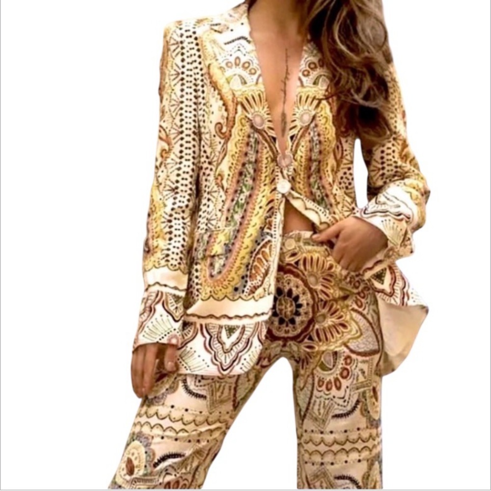 LIKE NEW ZARA PAISLEY PRINTED LINEN COTTON BLEND BLAZER (S) & MATCHING PANTS (M) - Picture 6 of 15